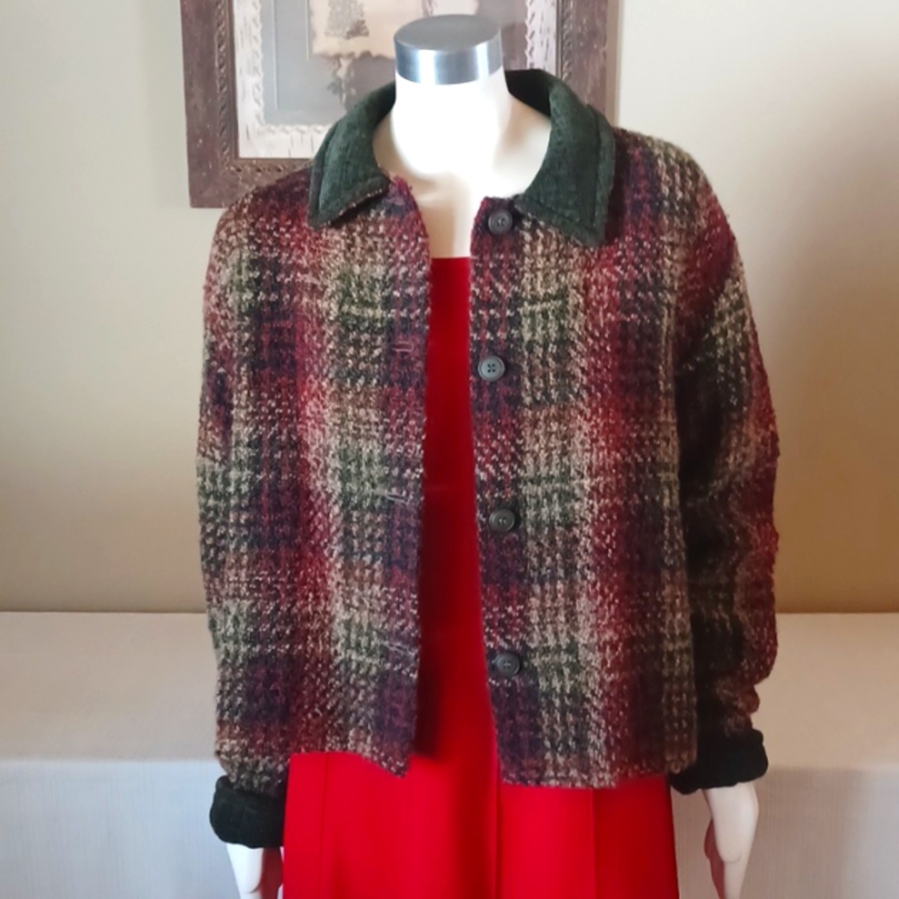 Sz L Weave of the Irish Wool Blend Plaid Jacket